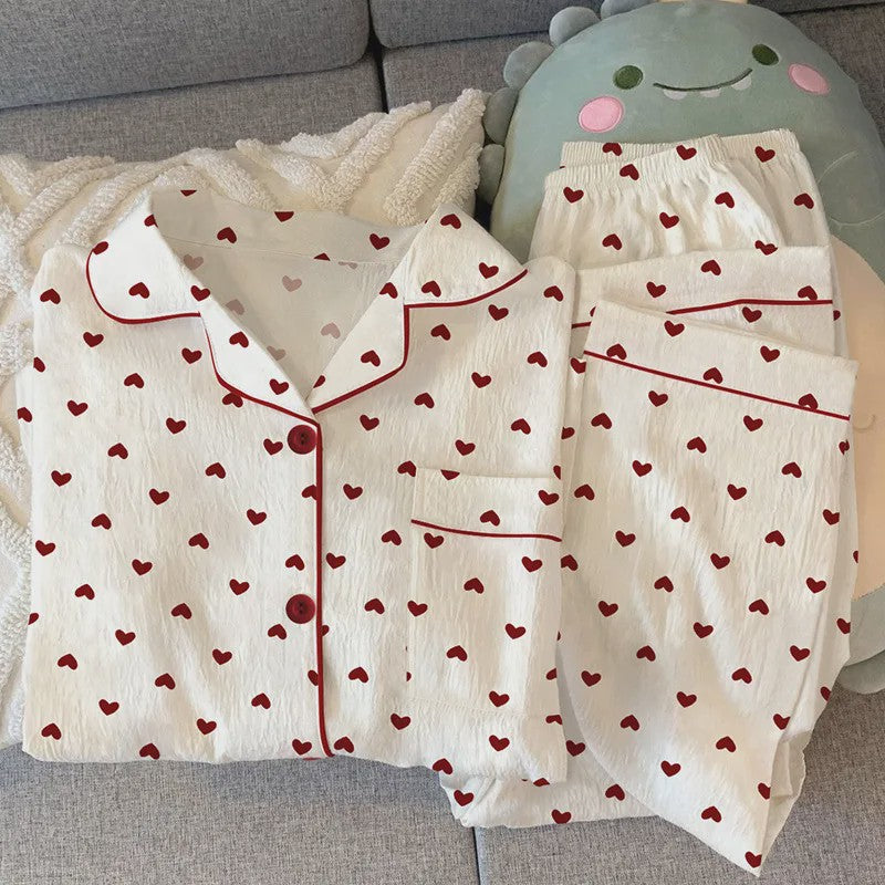 Dames Pyjama Set met Hartjesprint - Comfortabele Loungewear voor Lente & Herfst