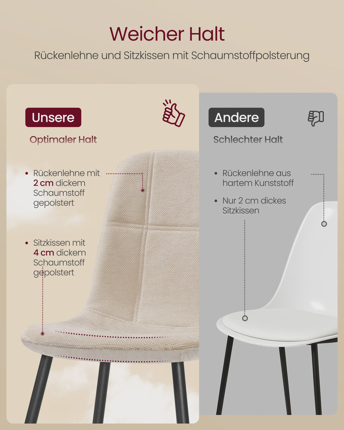 Set van 2 VASAGLE Eetkamerstoelen - Crèmekleurig Gestoffeerd met Metalen Poten