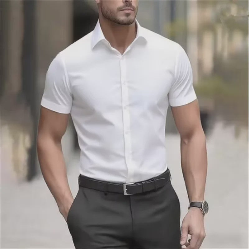 Heren Zomer Overhemd Korte Mouw Stretch Slim Fit - Zwart, Maat 5XL