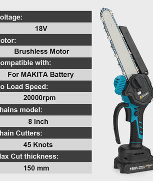 Gisam 8-Inch Snoerloze Kettingzaag - Krachtig, Borstelloos & Makita 18V Compatibel