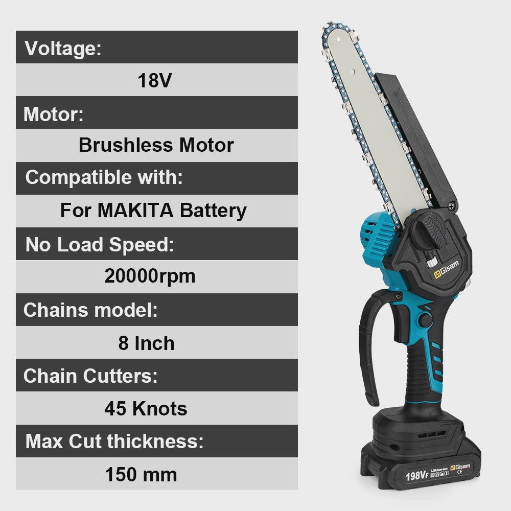 Gisam 8-Inch Snoerloze Kettingzaag - Krachtig, Borstelloos & Makita 18V Compatibel