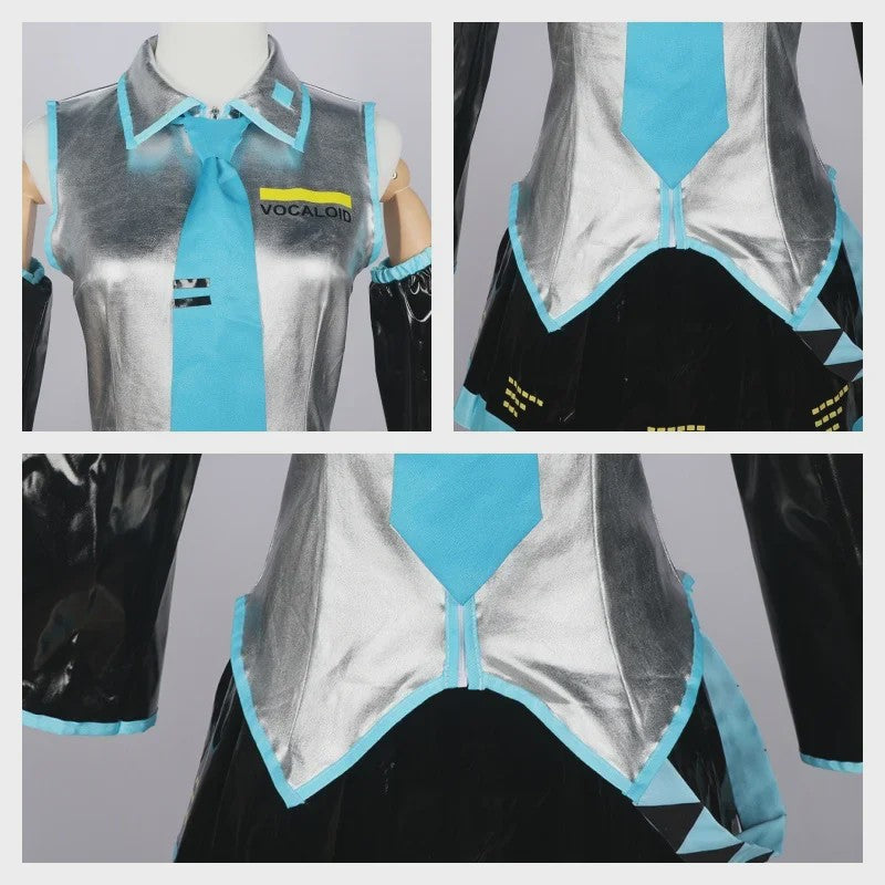 Compleet Miku Cosplay Kostuum: Zilverkleurig Leer & Zeemansjurk Uniform met Accessoires