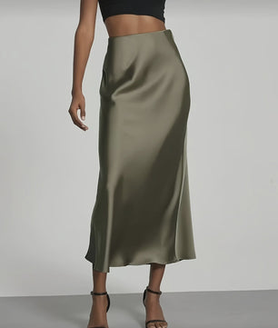 Elegante Satin Midi Rok met Hoge Taille en Draping - Veelzijdig & Chic
