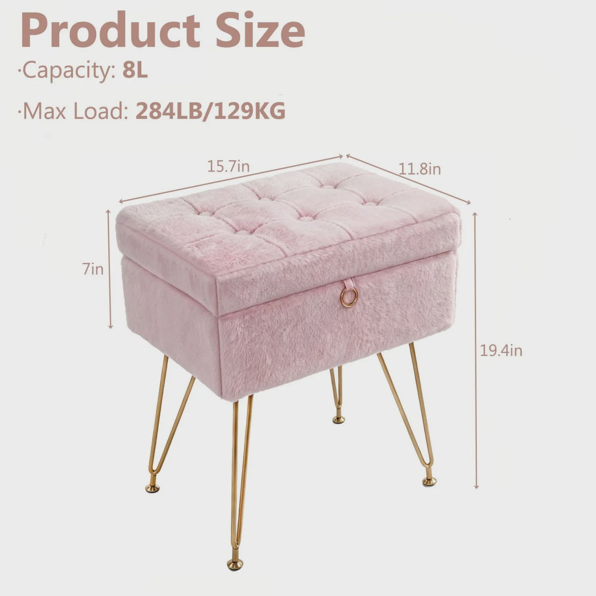 Luxe Fauteuil Poef met Opbergruimte & Pluche Zitting - Goudkleurige Poten