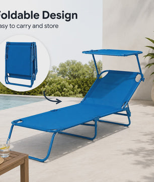 Opvouwbare Loungestoel 188cm met Verstelbare Rugleuning en Zonnekap - Blauw/Zand