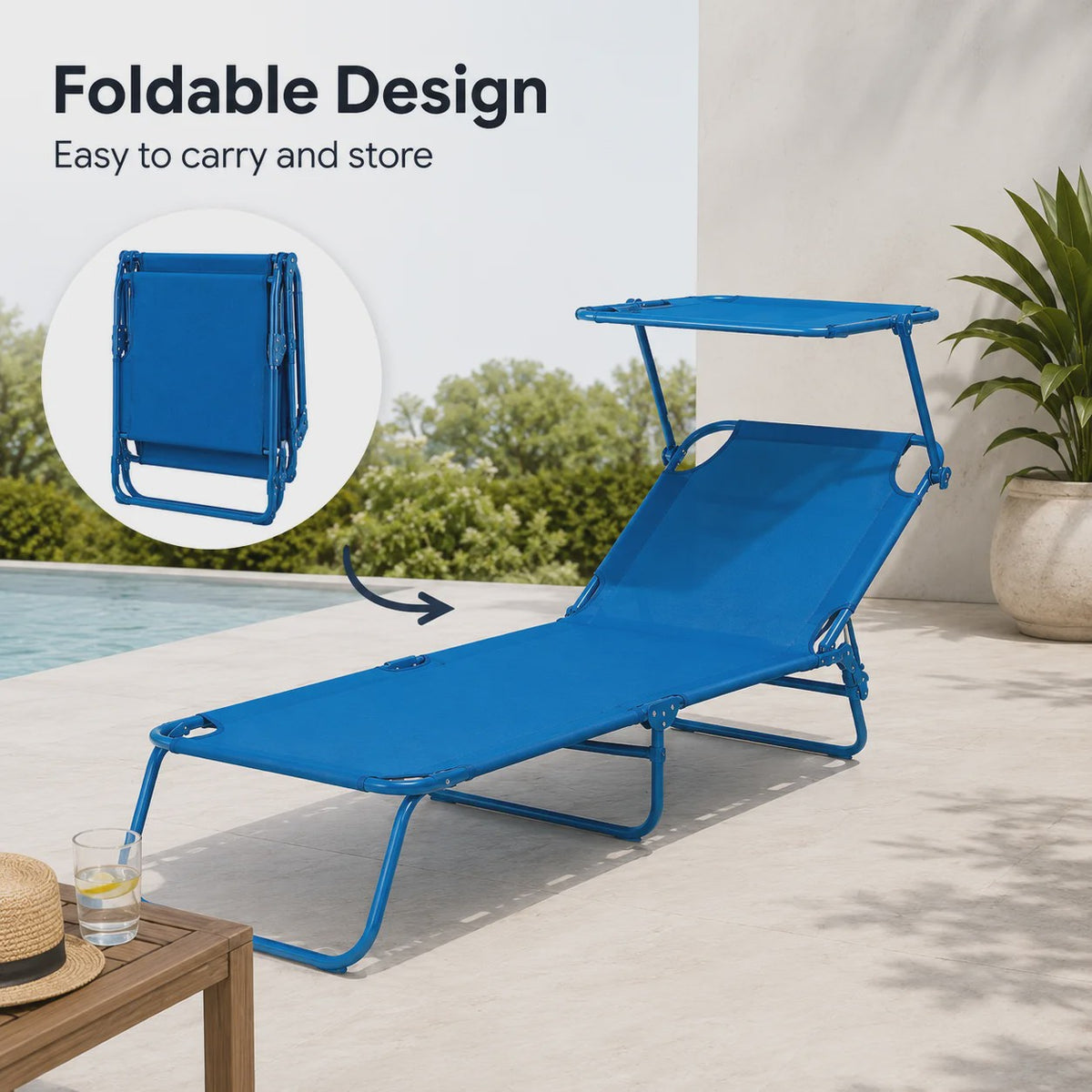 Opvouwbare Loungestoel 188cm met Verstelbare Rugleuning en Zonnekap - Blauw/Zand