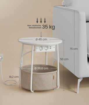 Ronde bijzettafel met stoffen mand en ingebouwde stopcontacten en USB-poorten
