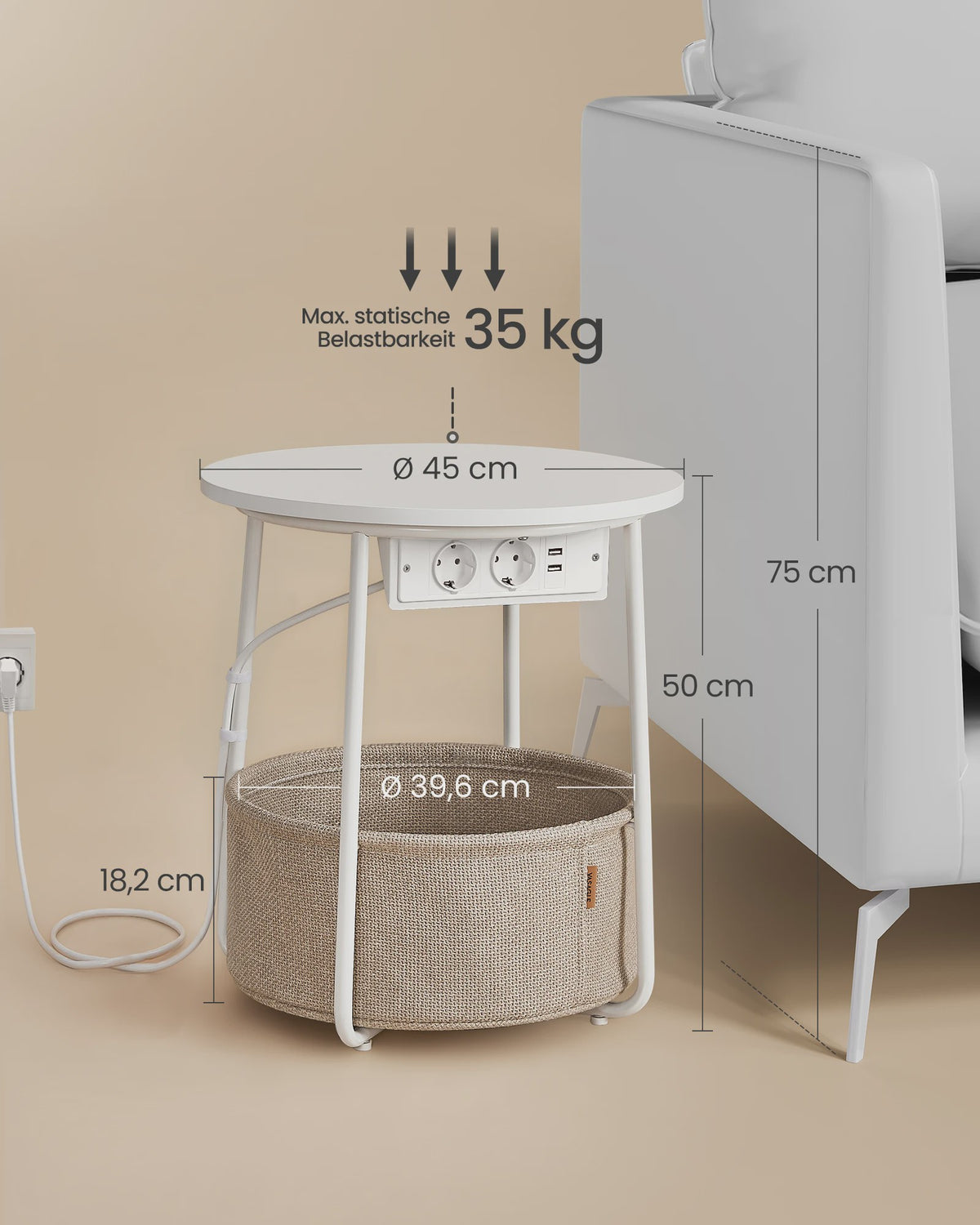 Ronde bijzettafel met stoffen mand en ingebouwde stopcontacten en USB-poorten