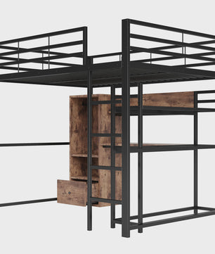 Zwart Metalen Loft Bed 140x200 cm met LED Verlichting, Bureau, Lade, Planken en Ladder