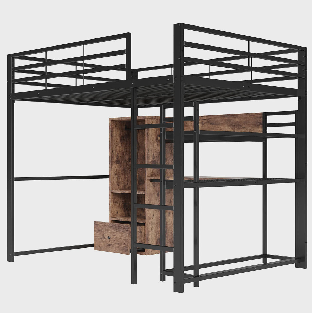 Zwart Metalen Loft Bed 140x200 cm met LED Verlichting, Bureau, Lade, Planken en Ladder