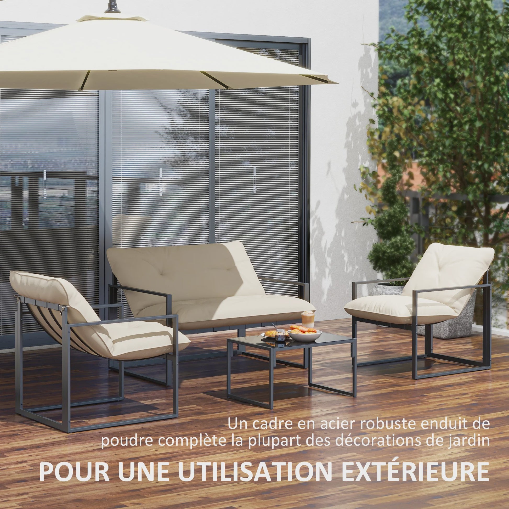 Outsunny Loungeset 4-delig Tuinset met Sofa, 2 Stoelen en Salontafel - Beige