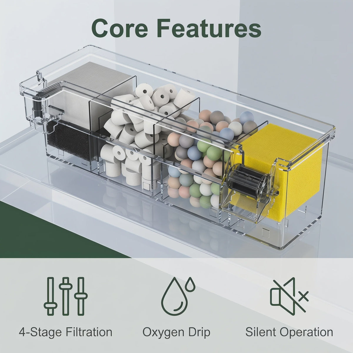 Transparante Acryl Hangfilter met Meerfasen Filtratie & Waterval Uitlaat - Compact & Ruimtebesparend