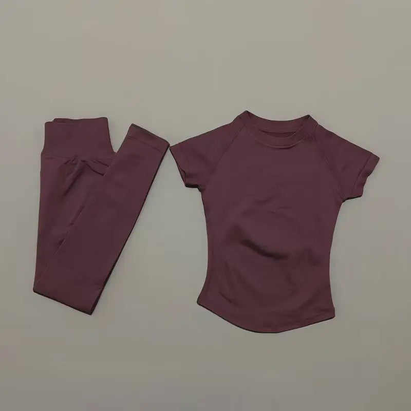 Naadloze Yoga Set Dames: Short Sleeve Top & Hoge Taille Legging - Sneldrogend Sportkleding Pak