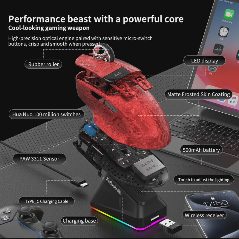 Lenovo Draadloze Gaming Muis: 3 Modi, 35K DPI, Ergonomisch, LED Display & Laadstation