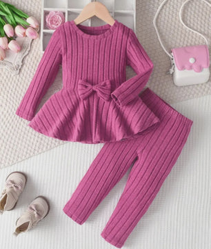 Schattig Kinder Meisjes Set: Lange Mouw Top met Strik en Broek