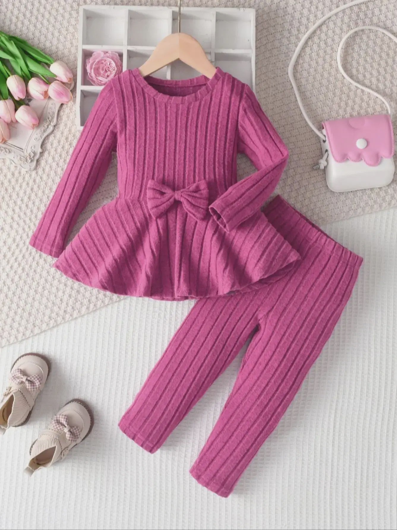Schattig Kinder Meisjes Set: Lange Mouw Top met Strik en Broek