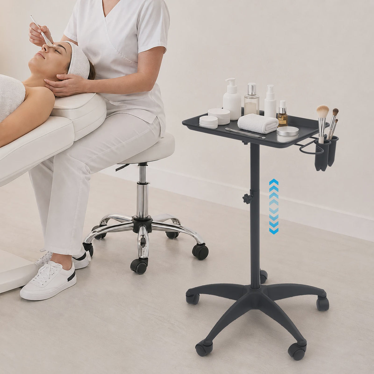 Verstelbare Salon Trolley met Wielen - Zwarte Werkwagen voor Kappers en Barbers