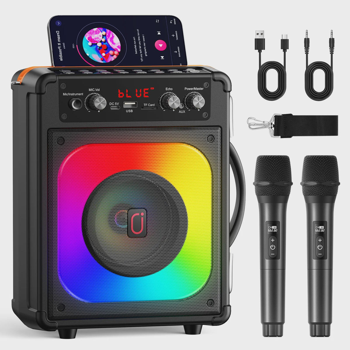 FanFun TX06 Karaoke Speaker met 2 Draadloze Microfoons & Feestverlichting