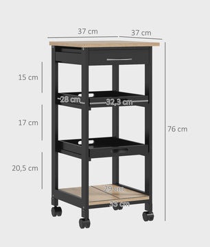HOMCOM Keuken Trolley met Wielen, 2 Verwijderbare Dienbladen en Lade - Licht Eiken & Zwart