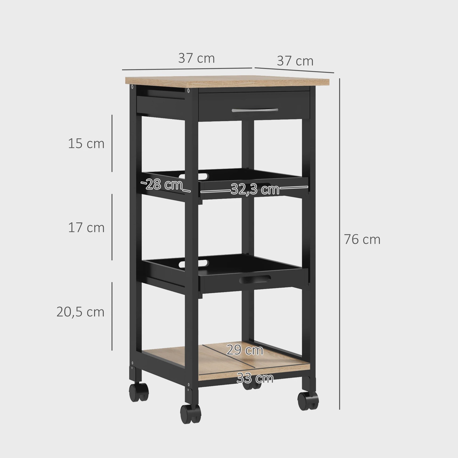 HOMCOM Keuken Trolley met Wielen, 2 Verwijderbare Dienbladen en Lade - Licht Eiken & Zwart