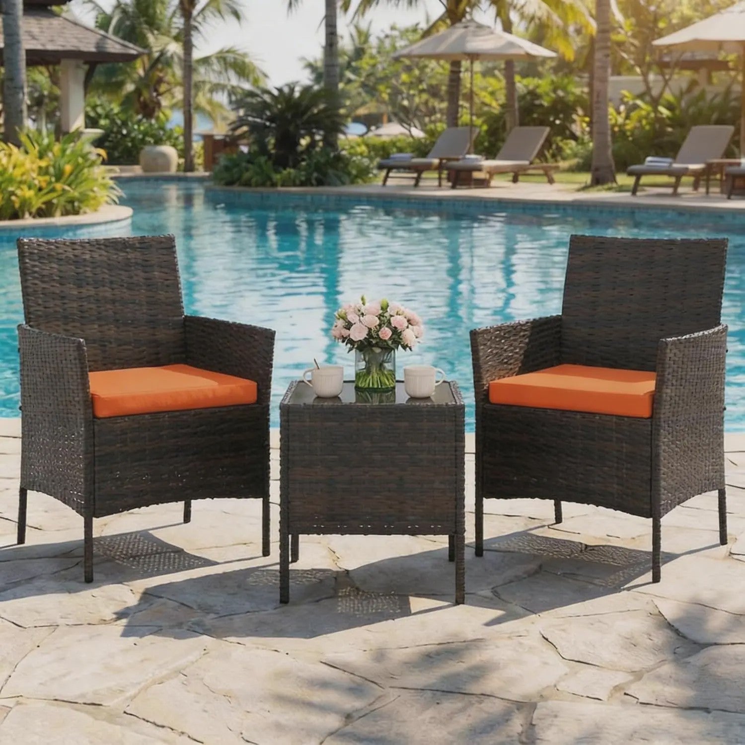 3-Delig Bistro Set: PE Rotan Terrasmeubilair met 2 Stoelen, Salontafel en Kussens voor Balkon en Tuin