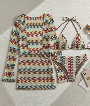 Drieparts Bikini Set met Lange Mouwen Cover-up - Stijlvol en Uniek Print