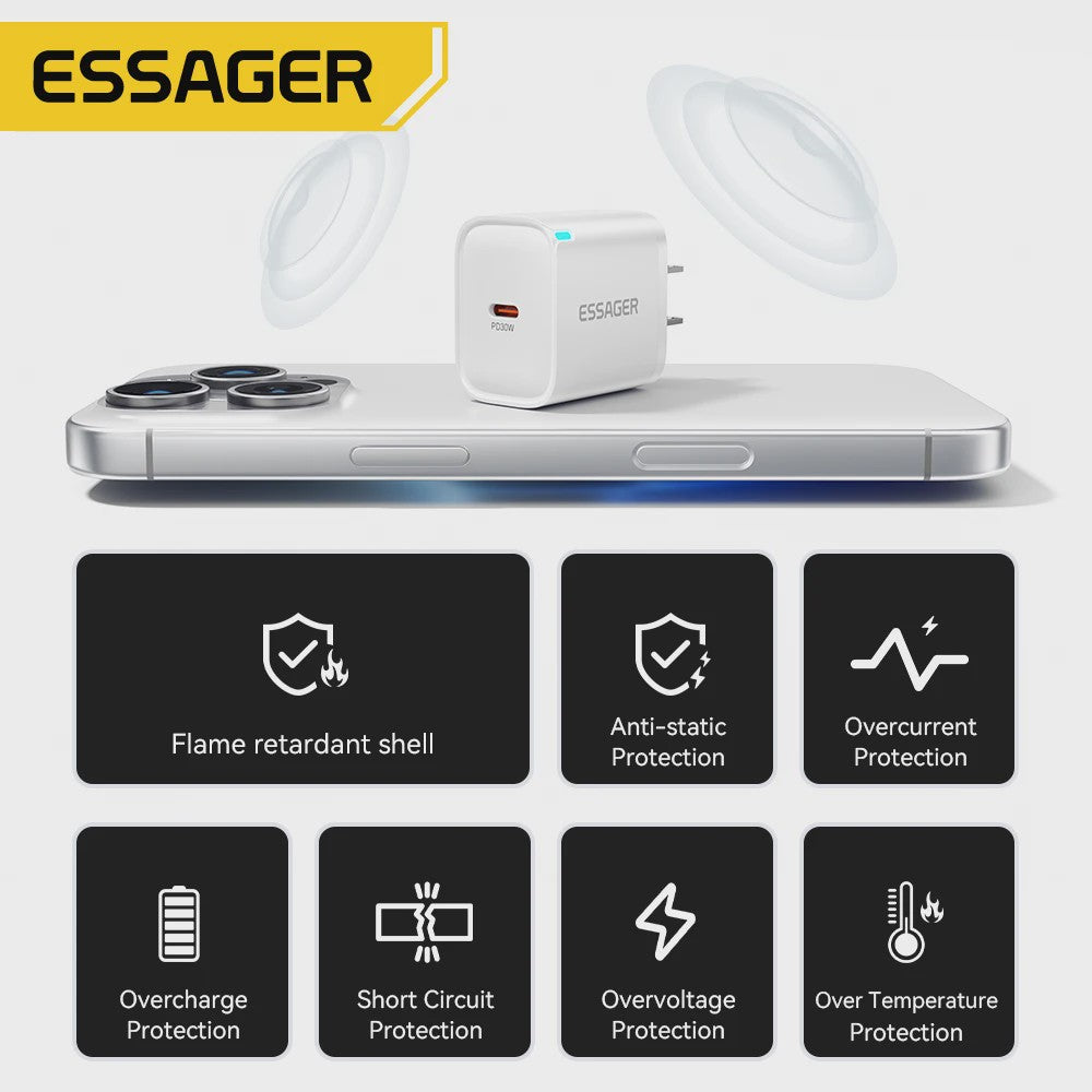 Essager Mini 30W Snellader Type C PD QC3.0 voor iPhone, Samsung, iPad