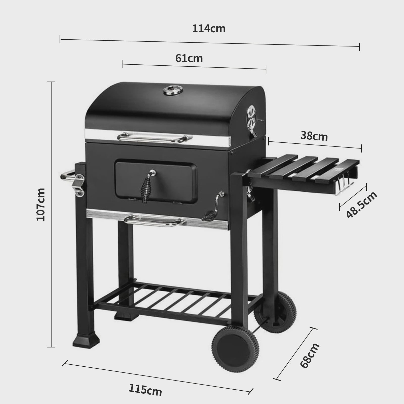 Stevige Houtskool Barbecue Grillwagen met Verstelbare Kolenlade en Handige Haken