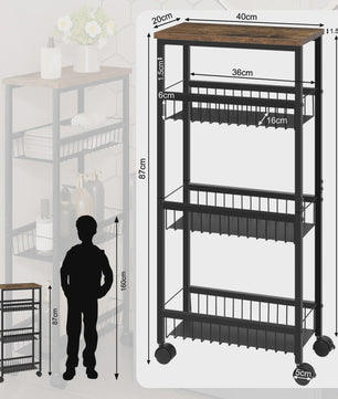Zwarte Keukentrolley met Werkblad en 3 Manden - 40x87x20cm - Verrijdbaar Opslagrek