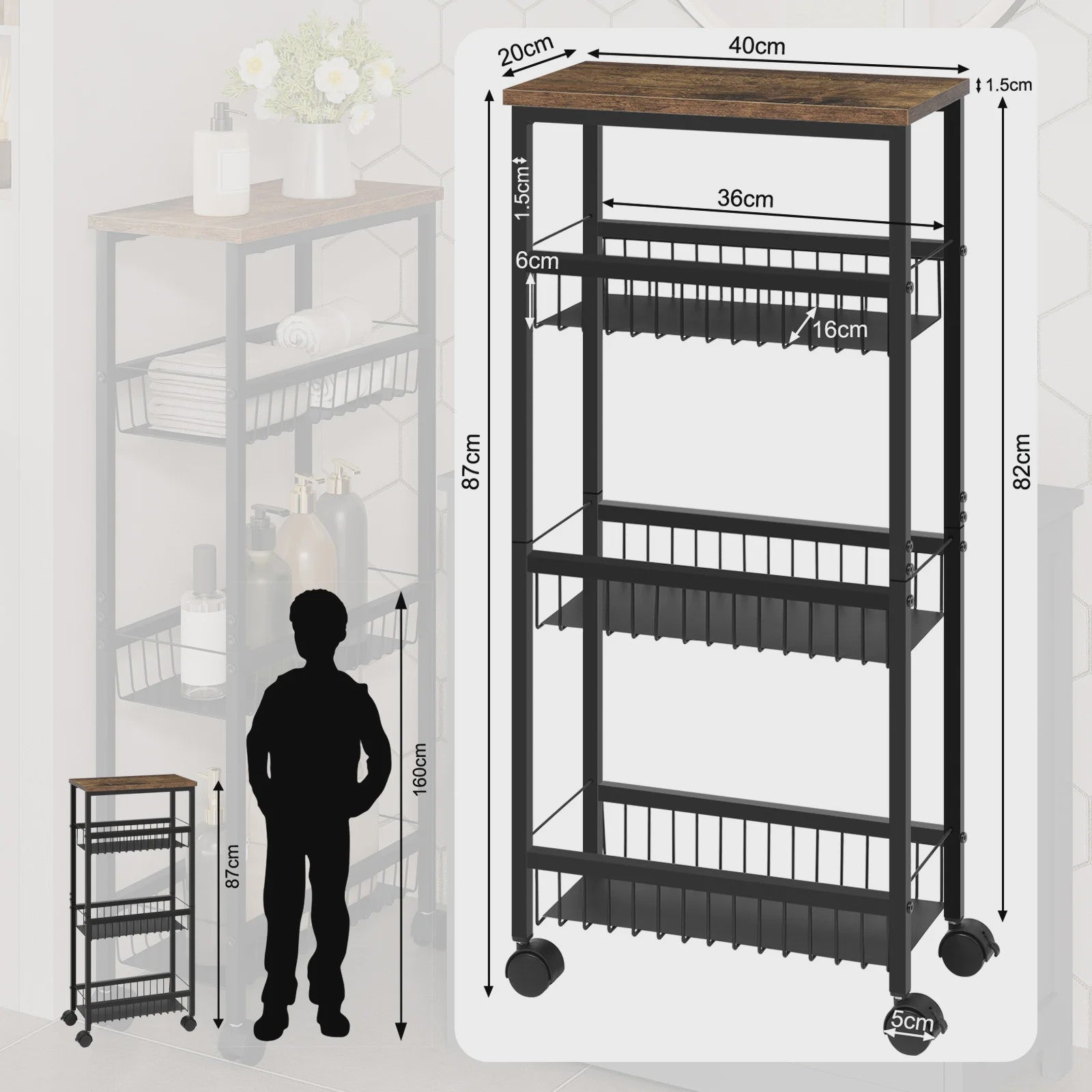 Zwarte Keukentrolley met Werkblad en 3 Manden - 40x87x20cm - Verrijdbaar Opslagrek