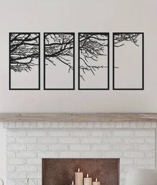 4-Delige Zwarte Metalen Levensboom Wanddecoratie - Stijlvolle Kunst voor Woonkamer, Slaapkamer & Kantoor