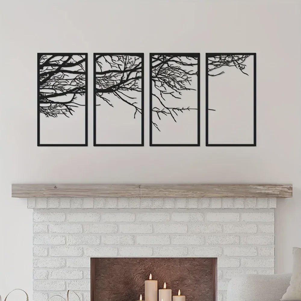 4-Delige Zwarte Metalen Levensboom Wanddecoratie - Stijlvolle Kunst voor Woonkamer, Slaapkamer & Kantoor