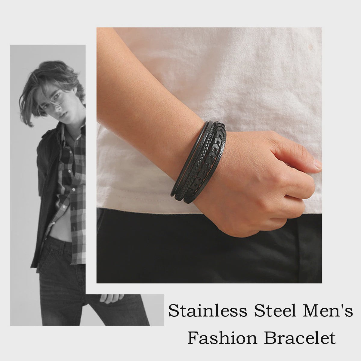 Heren Vintage Leren Armband met Gevlochten Design en Magnetische Sluiting