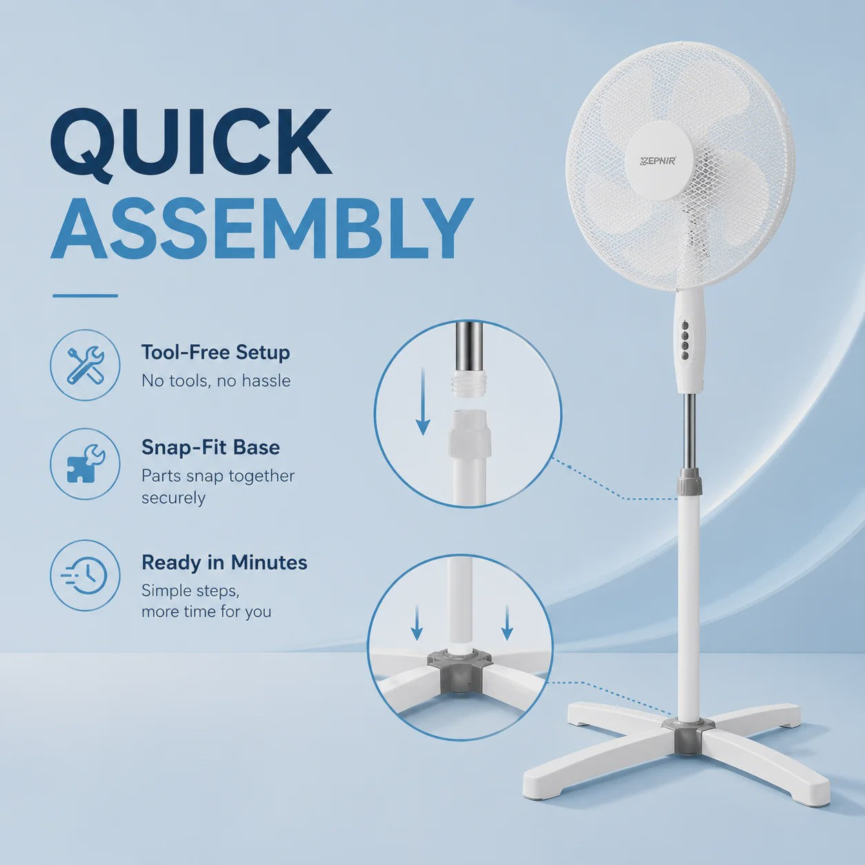 Zephir 40cm Staande Ventilator - 45W, 3 Snelheden, Verstelbare Hoogte tot 130cm, Oscillerend