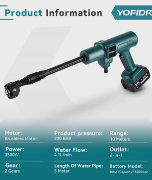 YOFIDRA 6-in-1 Hogedrukreiniger 200 Bar - Krachtige Borstelloze Waterstraal voor Auto & Tuin (Makita Accu Compatibel)
