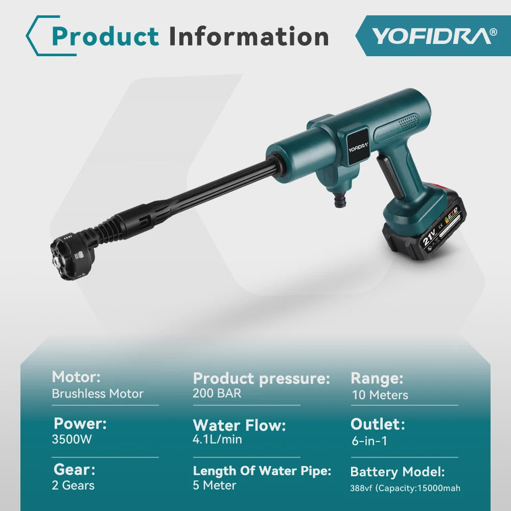 YOFIDRA 6-in-1 Hogedrukreiniger 200 Bar - Krachtige Borstelloze Waterstraal voor Auto & Tuin (Makita Accu Compatibel)