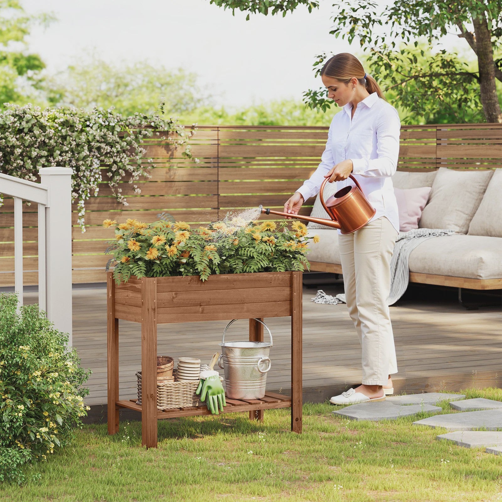 Houten Verhoogd Plantenbak met Plank - 80x75x40cm - Tuin & Balkon