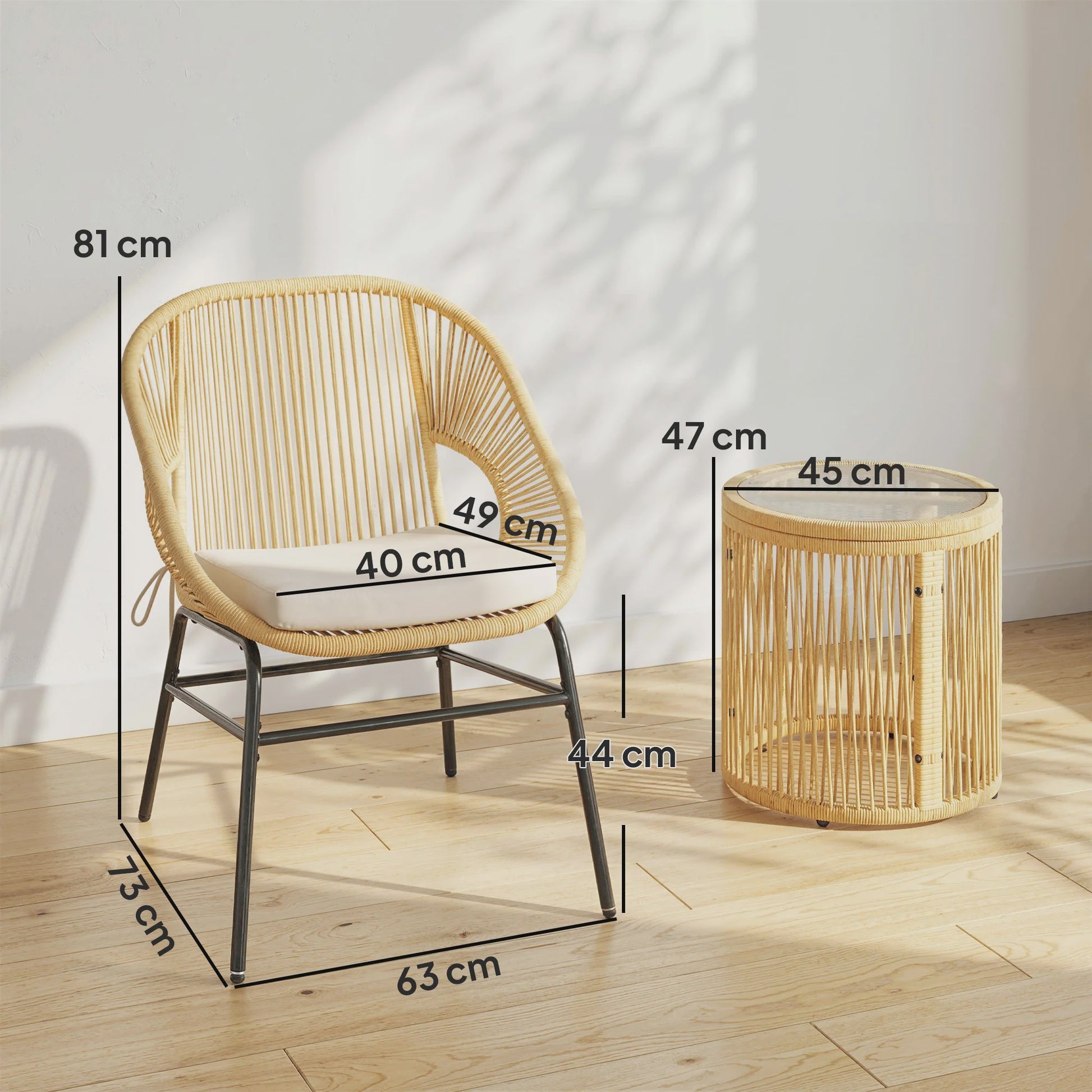 Outsunny Balkon Bistro Set - 3 Delig met 2 Comfortabele Stoelen en Glazen Tafel - Beige