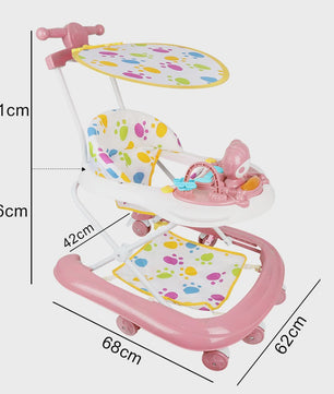 3-in-1 Opvouwbare Baby Walker met Zonnekap, Speelblad en 360° Wielen - Vanaf 6 Maanden