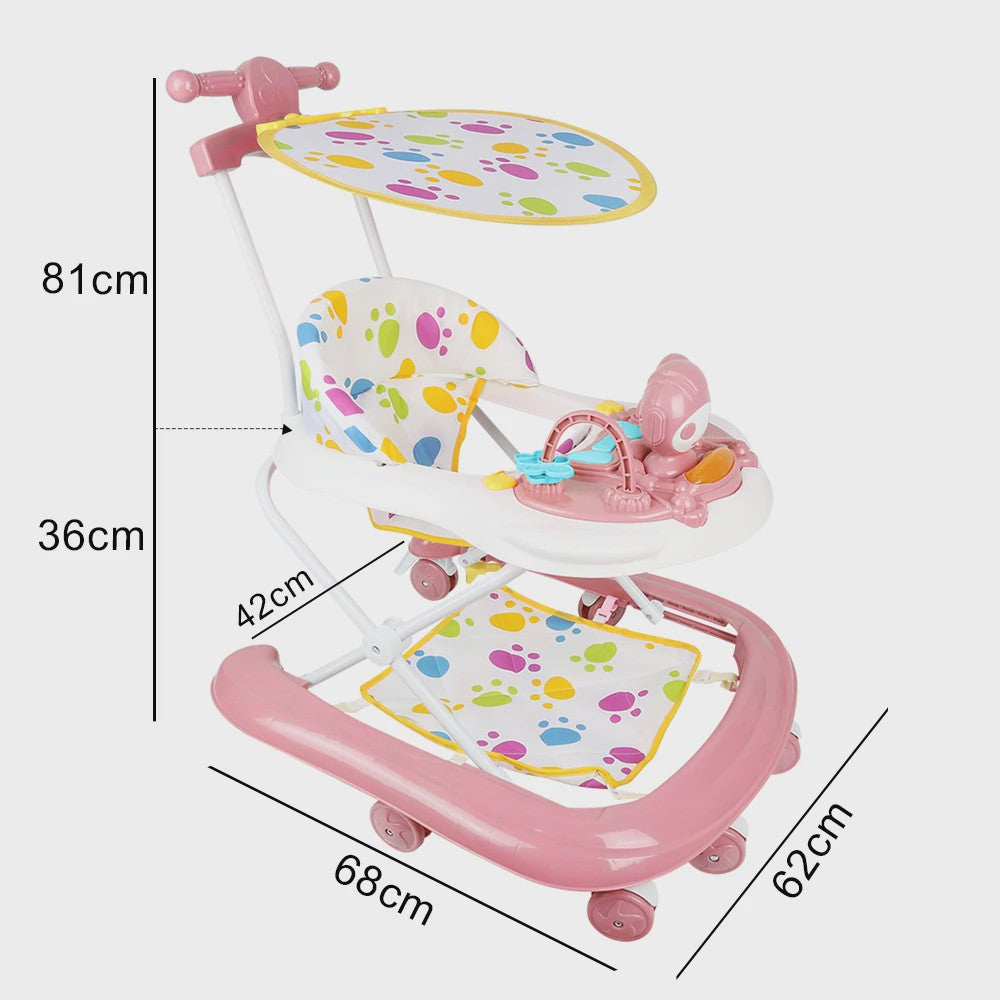 3-in-1 Opvouwbare Baby Walker met Zonnekap, Speelblad en 360° Wielen - Vanaf 6 Maanden
