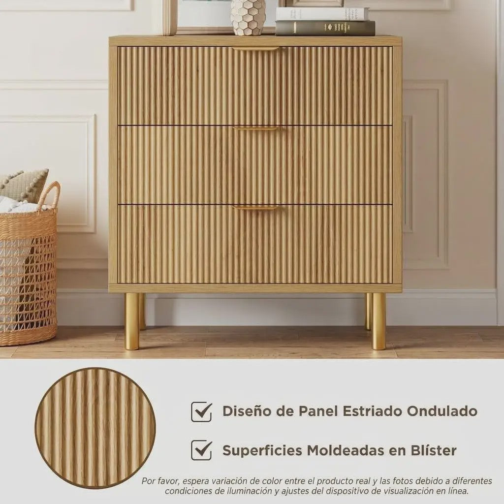Houten Ladekast met 3 Lades, Modern Dressoir met Gouden Handgrepen en Metalen Poten