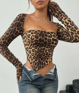 Dames Crop Top Luipaardprint Vierkante Hals Lange Mouwen Asymmetrische Zoom