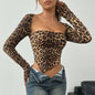 Dames Crop Top Luipaardprint Vierkante Hals Lange Mouwen Asymmetrische Zoom