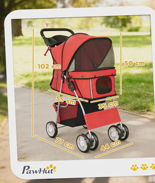 PawHut Honden- en Kattenbuggy - Opvouwbare Dierentransportwagen met Bekerhouder en Mand - Rood