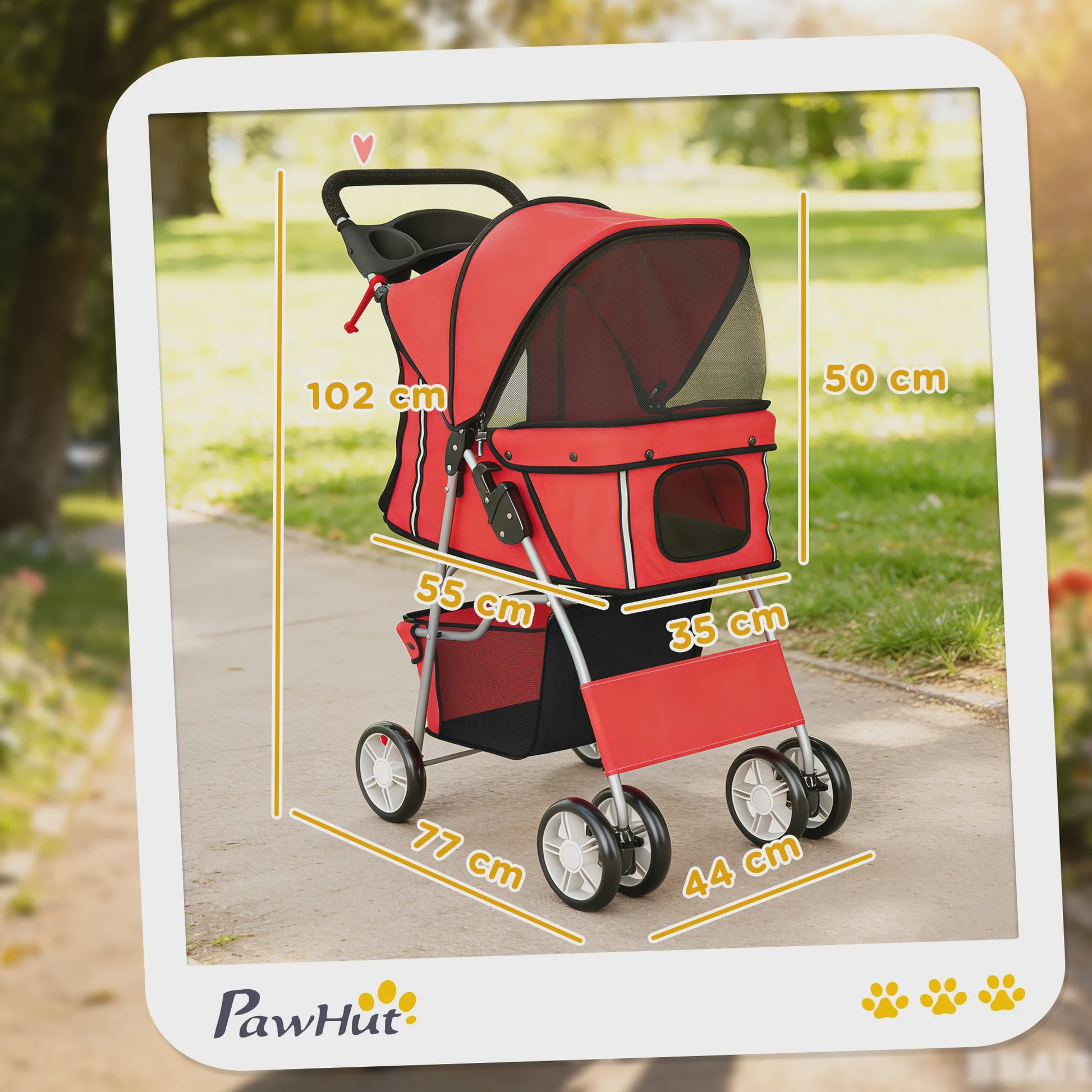 PawHut Honden- en Kattenbuggy - Opvouwbare Dierentransportwagen met Bekerhouder en Mand - Rood