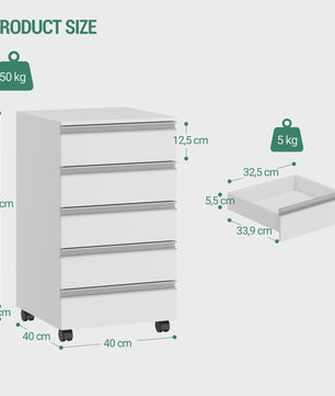 Mobiel Archiefkastje met 5 Lades - Wit Rolcontainer voor Kantoor & Thuiswerkplek