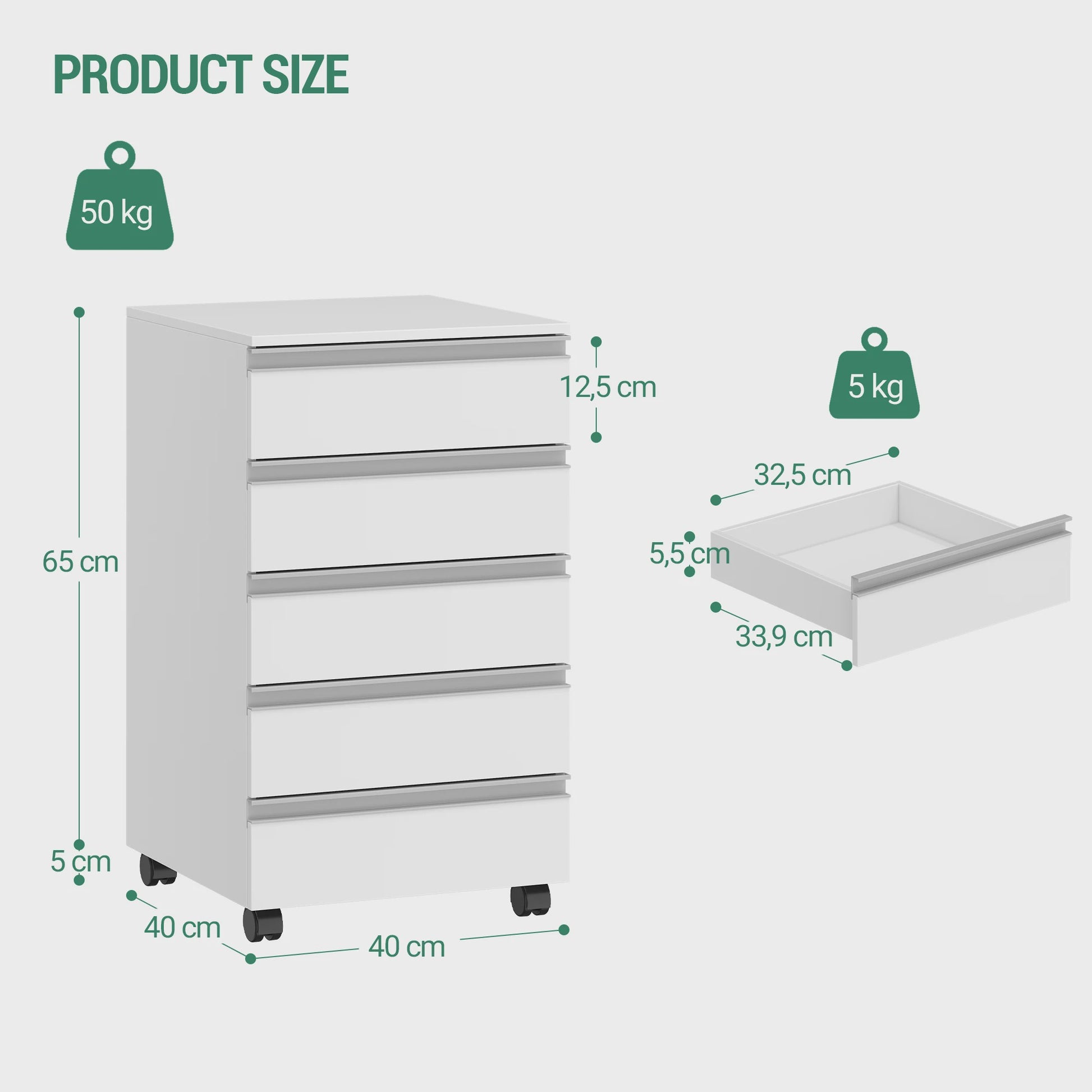 Mobiel Archiefkastje met 5 Lades - Wit Rolcontainer voor Kantoor & Thuiswerkplek