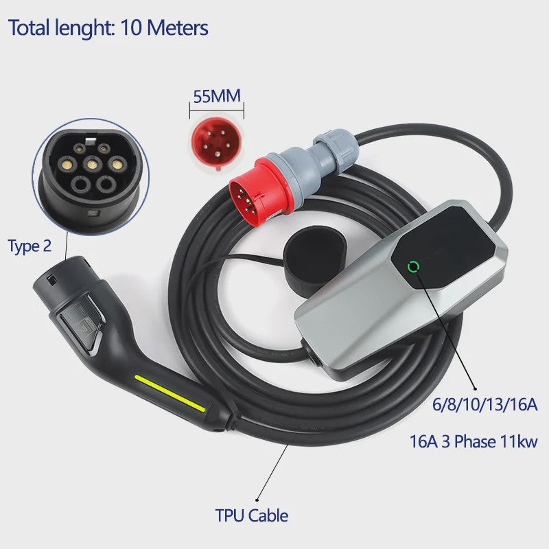 Draagbare 3-Fase EV Charger 11kW/22kW: Verstelbaar 6A-32A, 4/10/15m Kabel, DC Bescherming