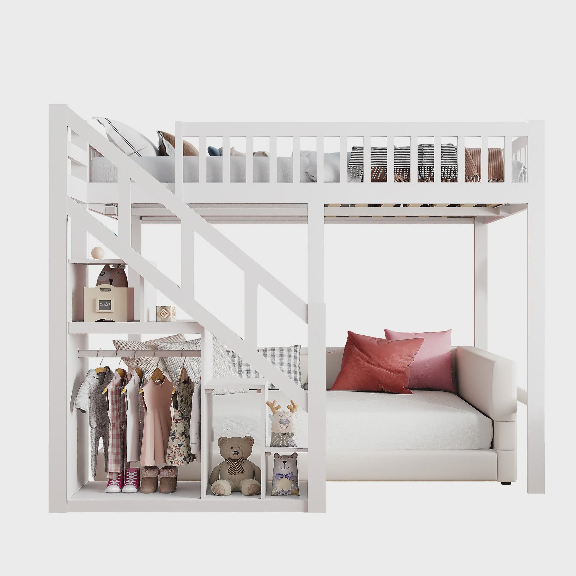 Wit Kinder Hoogslaper met Trap en Opbergkast - 90x200cm - Multifunctioneel Speelbed
