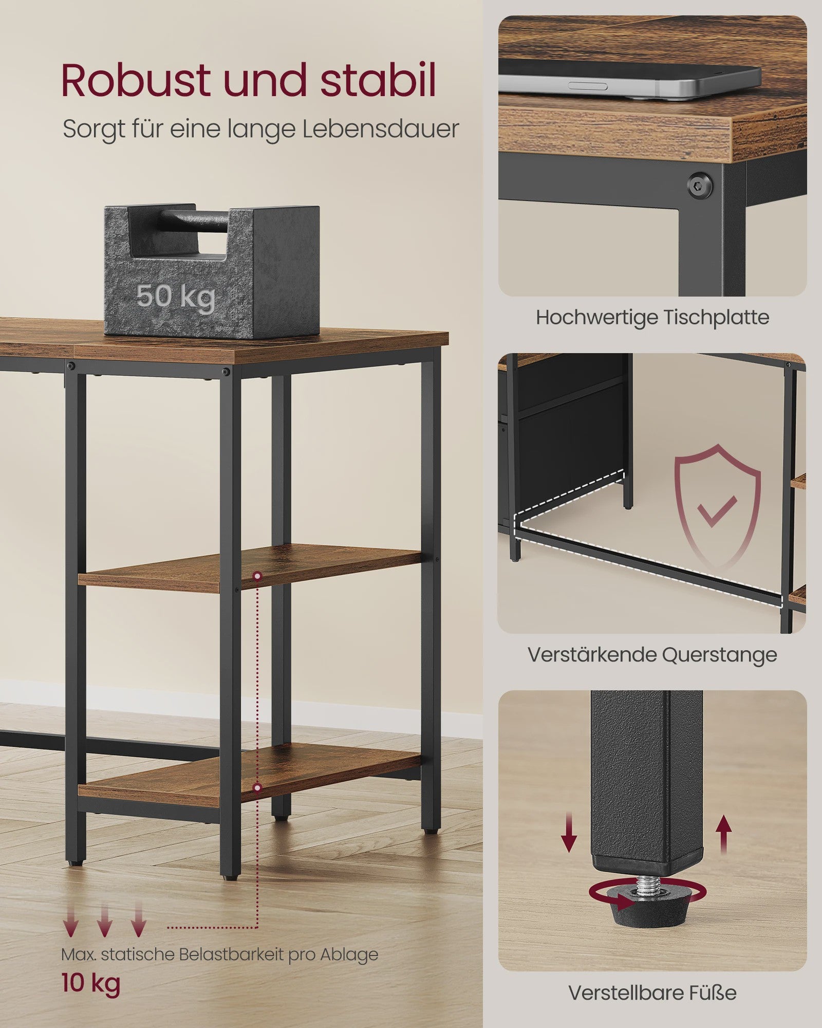 VASAGLE Bureau met 3 Planken en 2 Lades - 160x60x76 cm - Industrieel Design